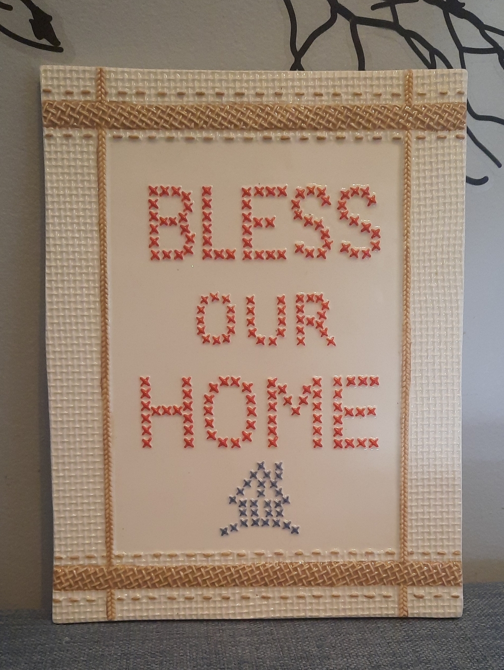Framed Cross-Stitch Style Ceramic Tile "Bless Our Home" Wall Art Cottagecore NWT